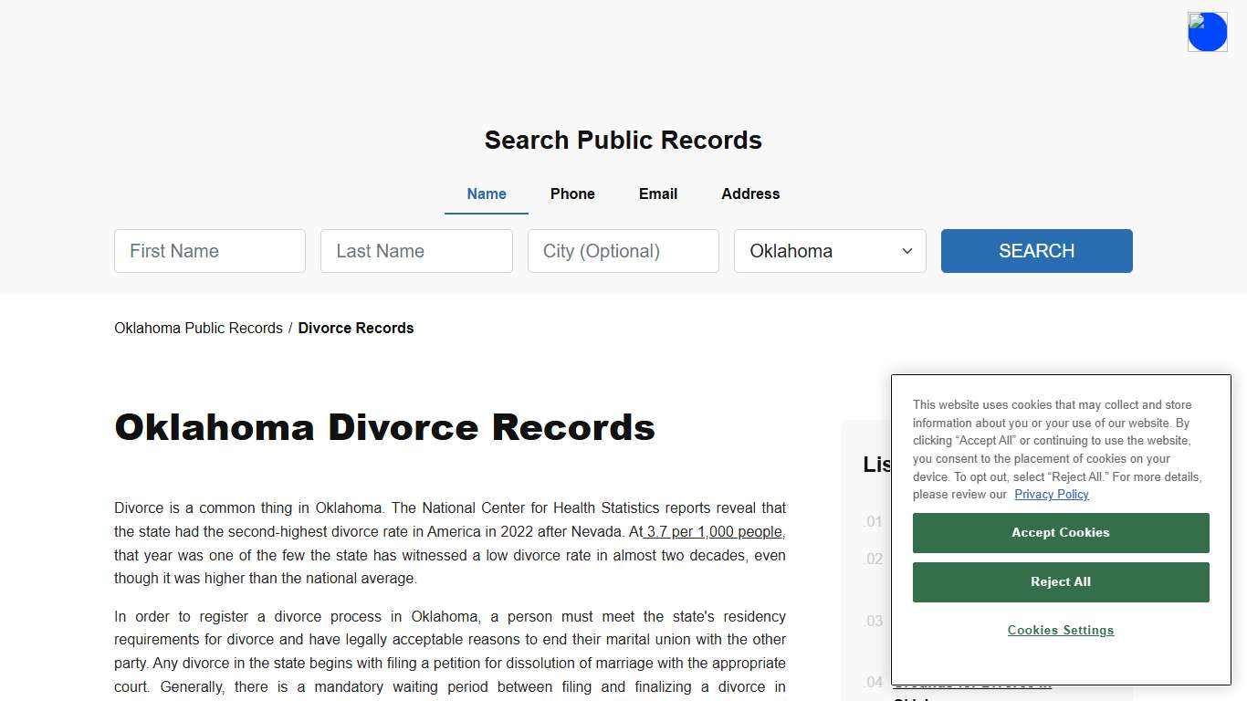 Oklahoma Public Divorce Records - Decrees & Certificates